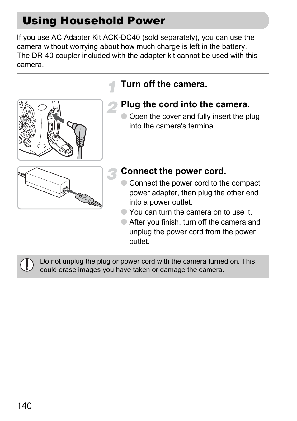 Using household power | Canon D10 User Manual | Page 140 / 163