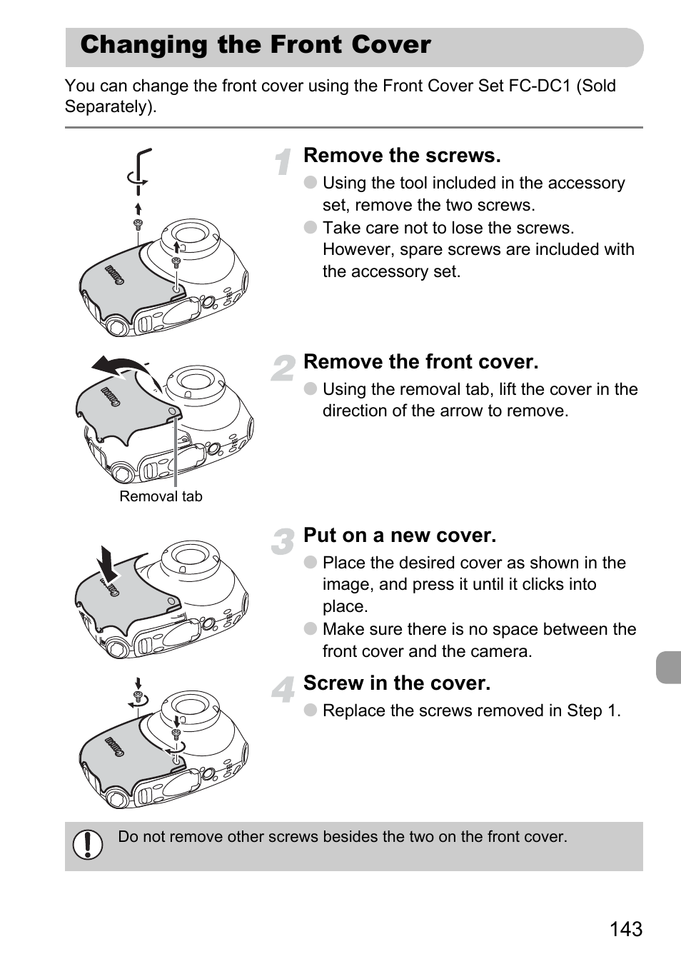 Changing the front cover | Canon D10 User Manual | Page 143 / 163
