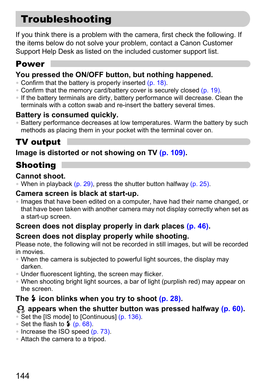 Troubleshooting, Power, Tv output | Shooting | Canon D10 User Manual | Page 144 / 163