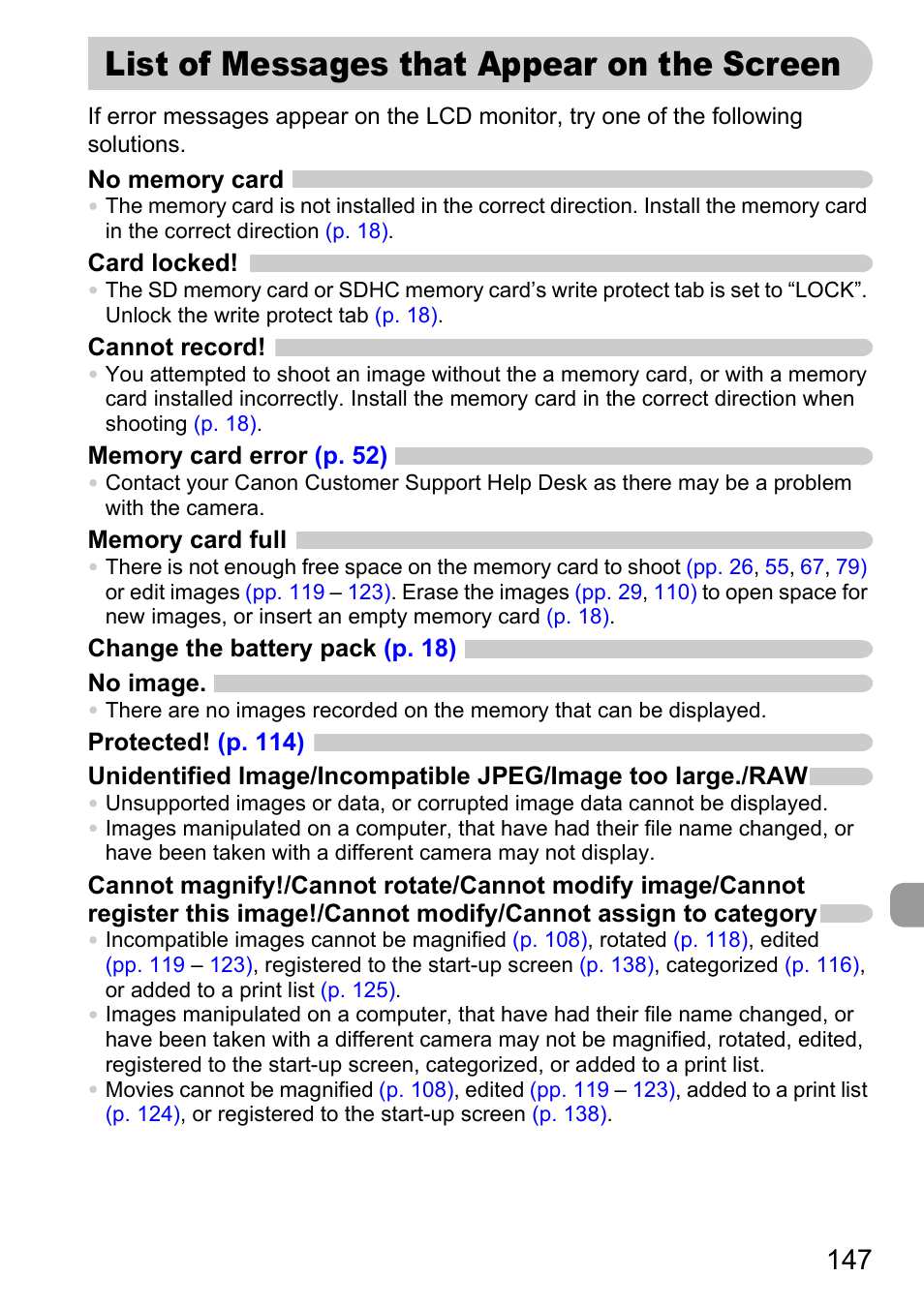 List of messages that appear on the screen, List of messages, That appear on the screen | Canon D10 User Manual | Page 147 / 163
