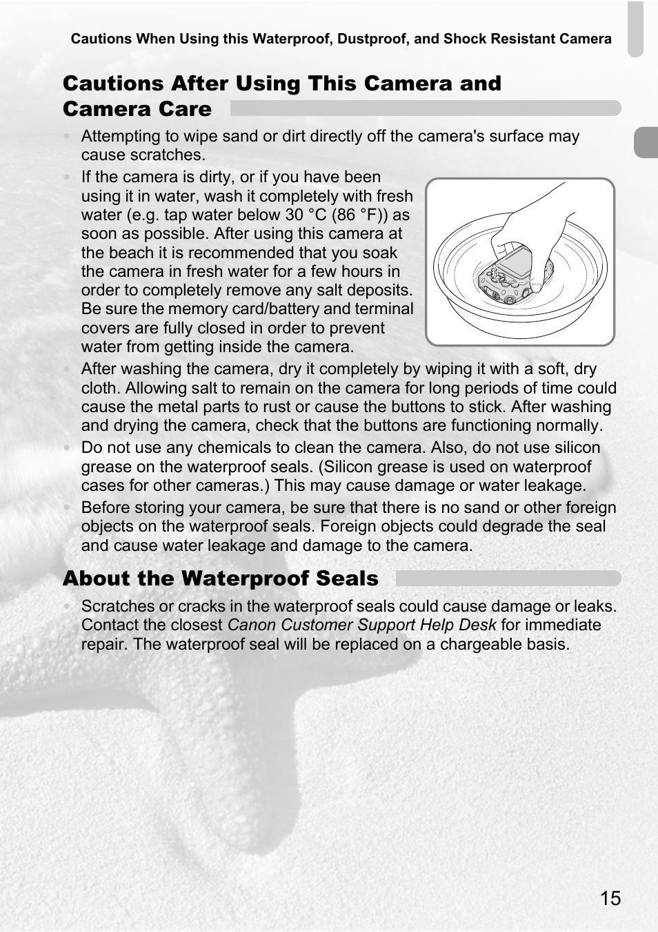 Cautions after using this camera and camera care, About the waterproof seals | Canon D10 User Manual | Page 15 / 163