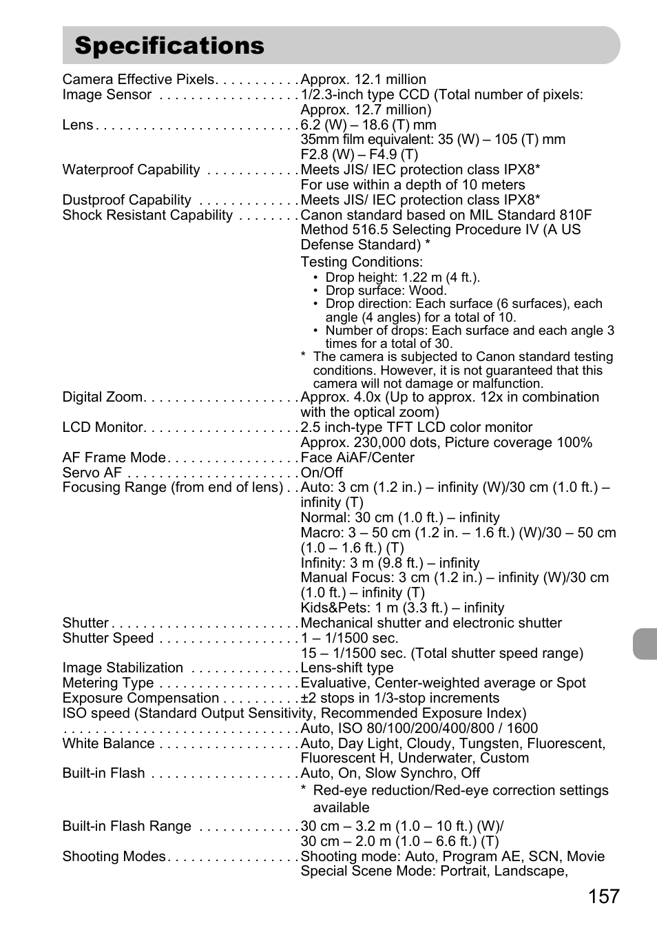 Specifications, P. 157, P. 157) | Canon D10 User Manual | Page 157 / 163