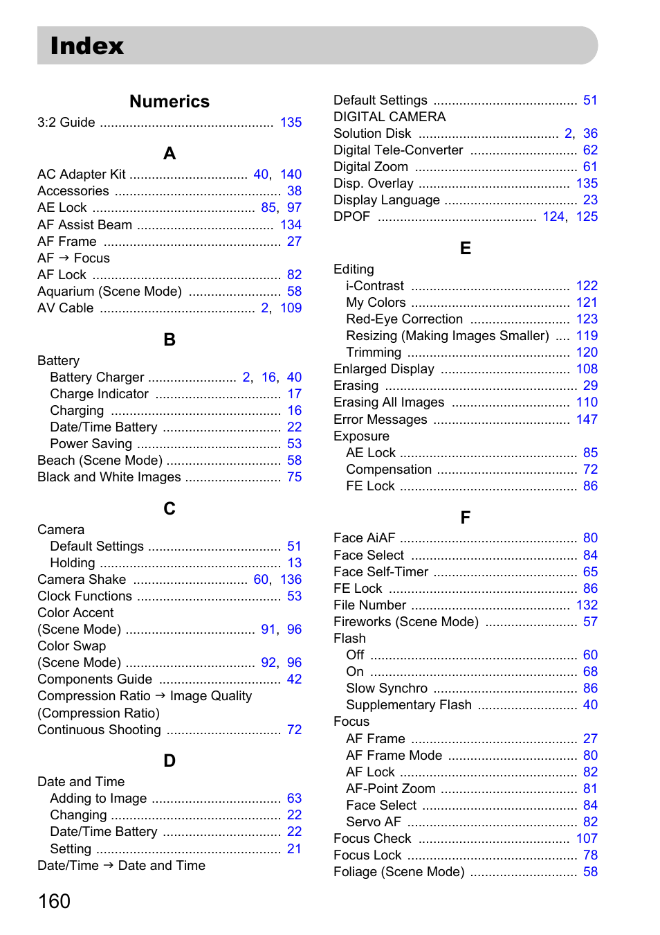 Index, Numerics | Canon D10 User Manual | Page 160 / 163