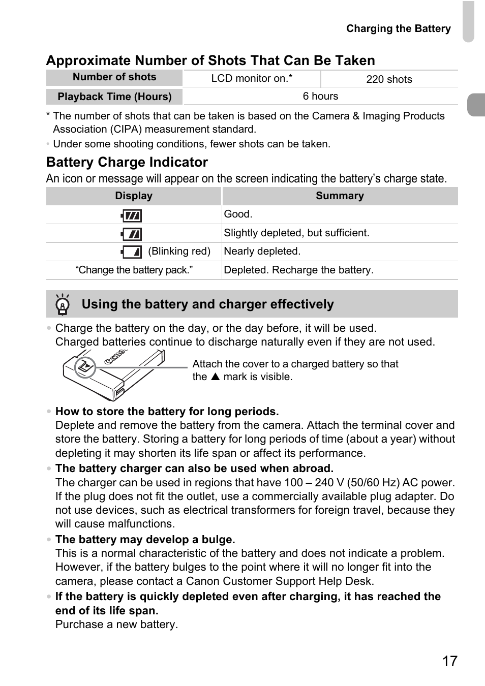 Approximate number of shots that can be taken, Battery charge indicator | Canon D10 User Manual | Page 17 / 163