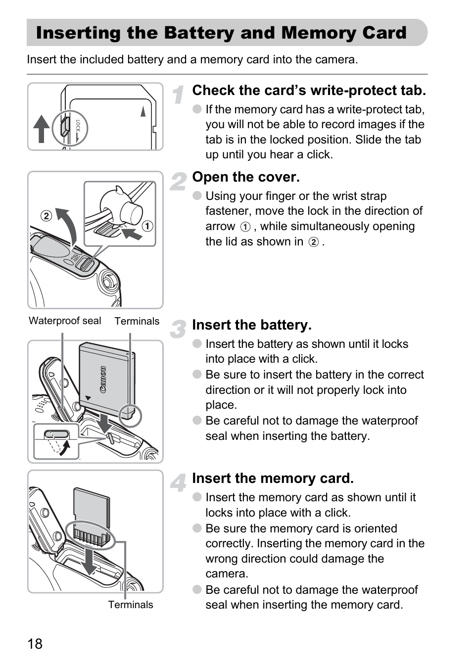 Inserting the battery and memory card, Inserting the battery and, Memory card | Pp. 18, Check the card’s write-protect tab, Open the cover, Insert the battery | Canon D10 User Manual | Page 18 / 163