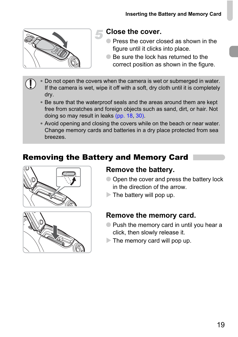 P. 19), 19 close the cover, Remove the battery | Canon D10 User Manual | Page 19 / 163