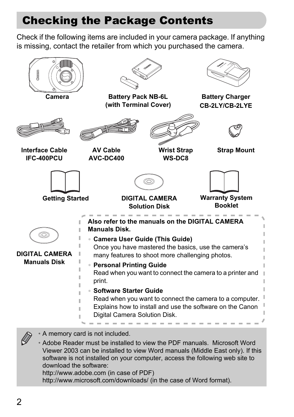 Checking the package contents | Canon D10 User Manual | Page 2 / 163