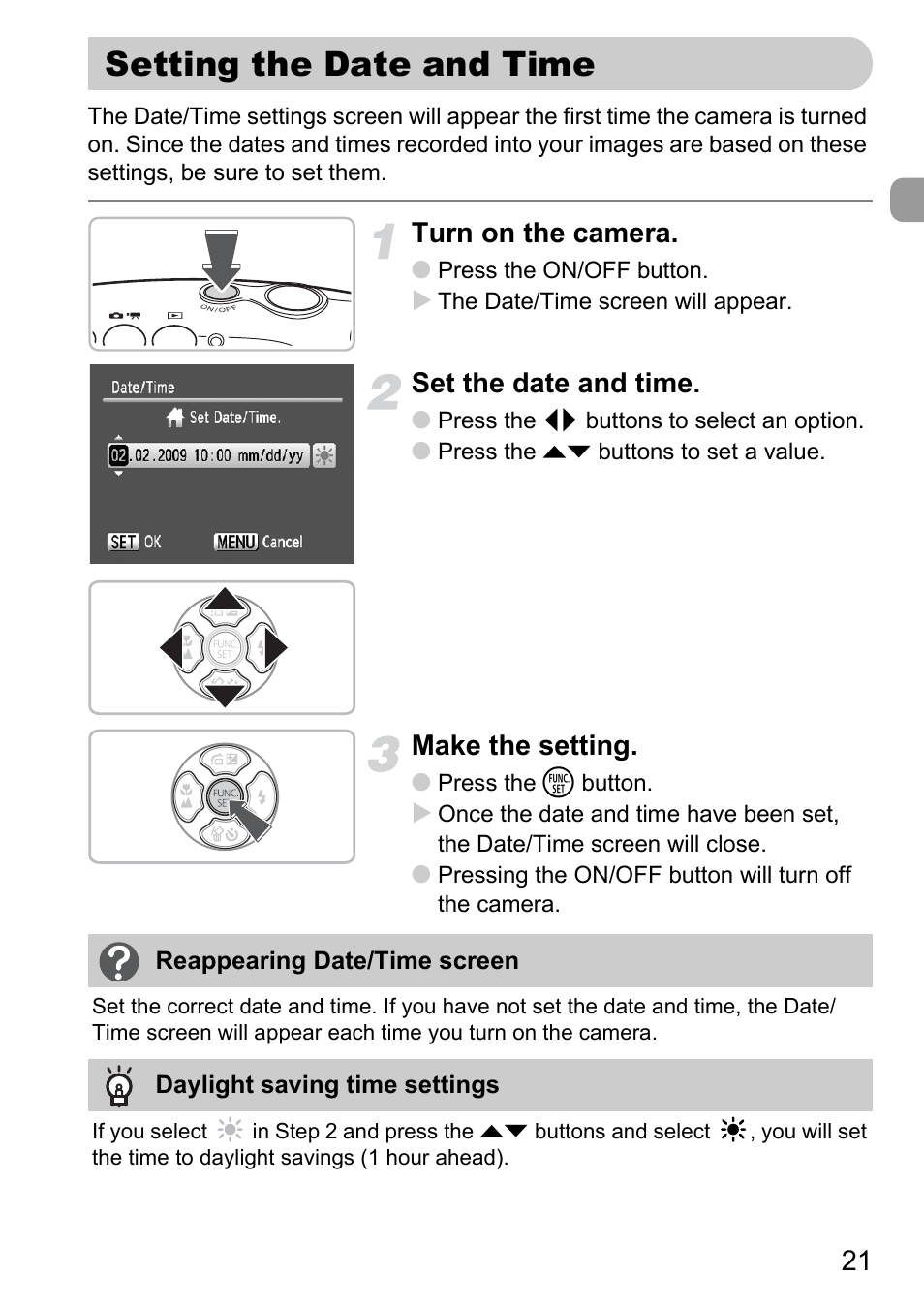 Setting the date and time, Turn on the camera, Set the date and time | Make the setting | Canon D10 User Manual | Page 21 / 163