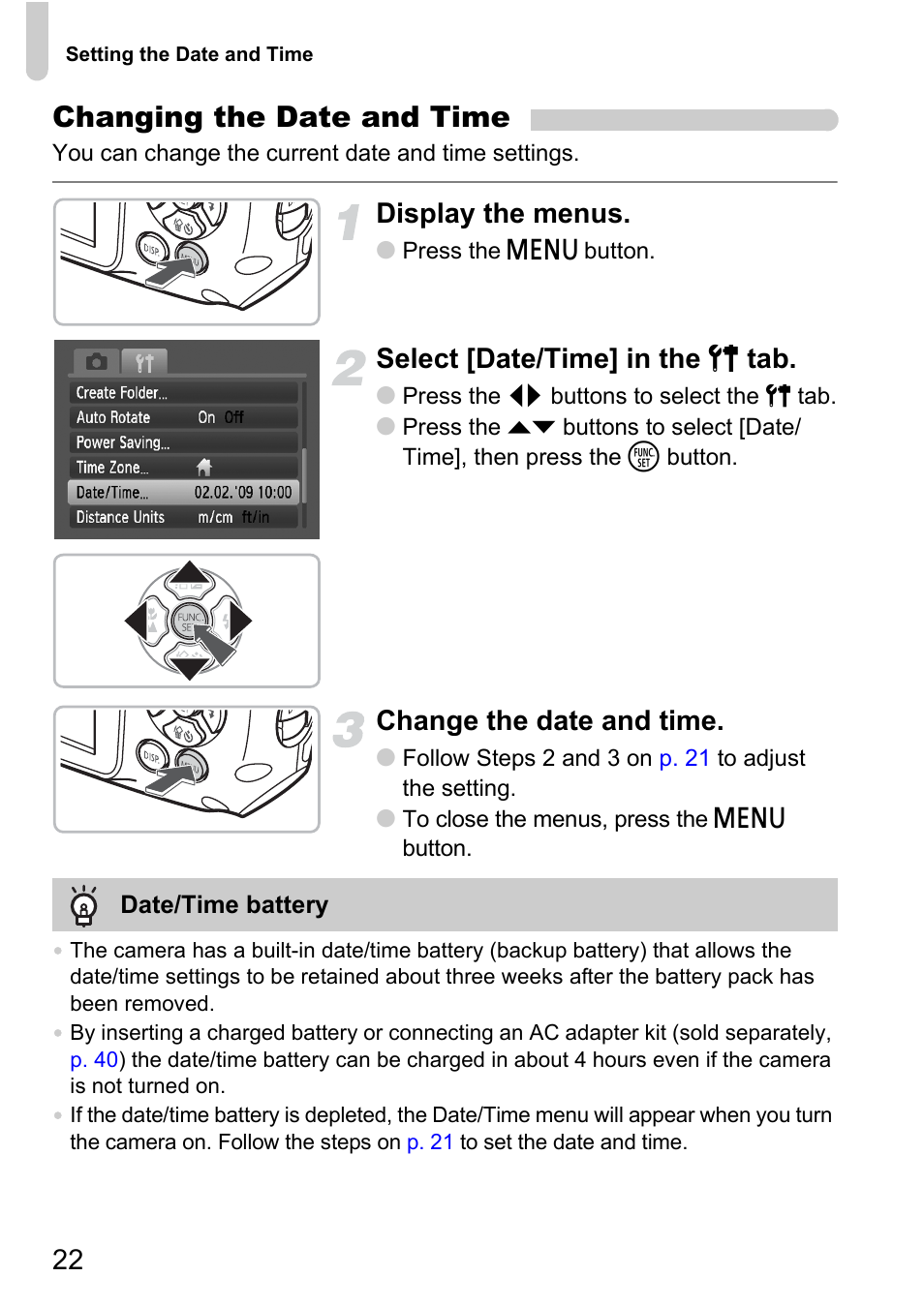 Changing the date and time, Display the menus, Select [date/time] in the 3 tab | Change the date and time | Canon D10 User Manual | Page 22 / 163