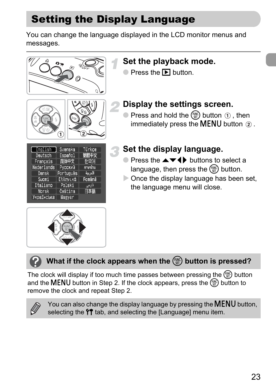 Setting the display language, Set the playback mode, Display the settings screen | Set the display language | Canon D10 User Manual | Page 23 / 163