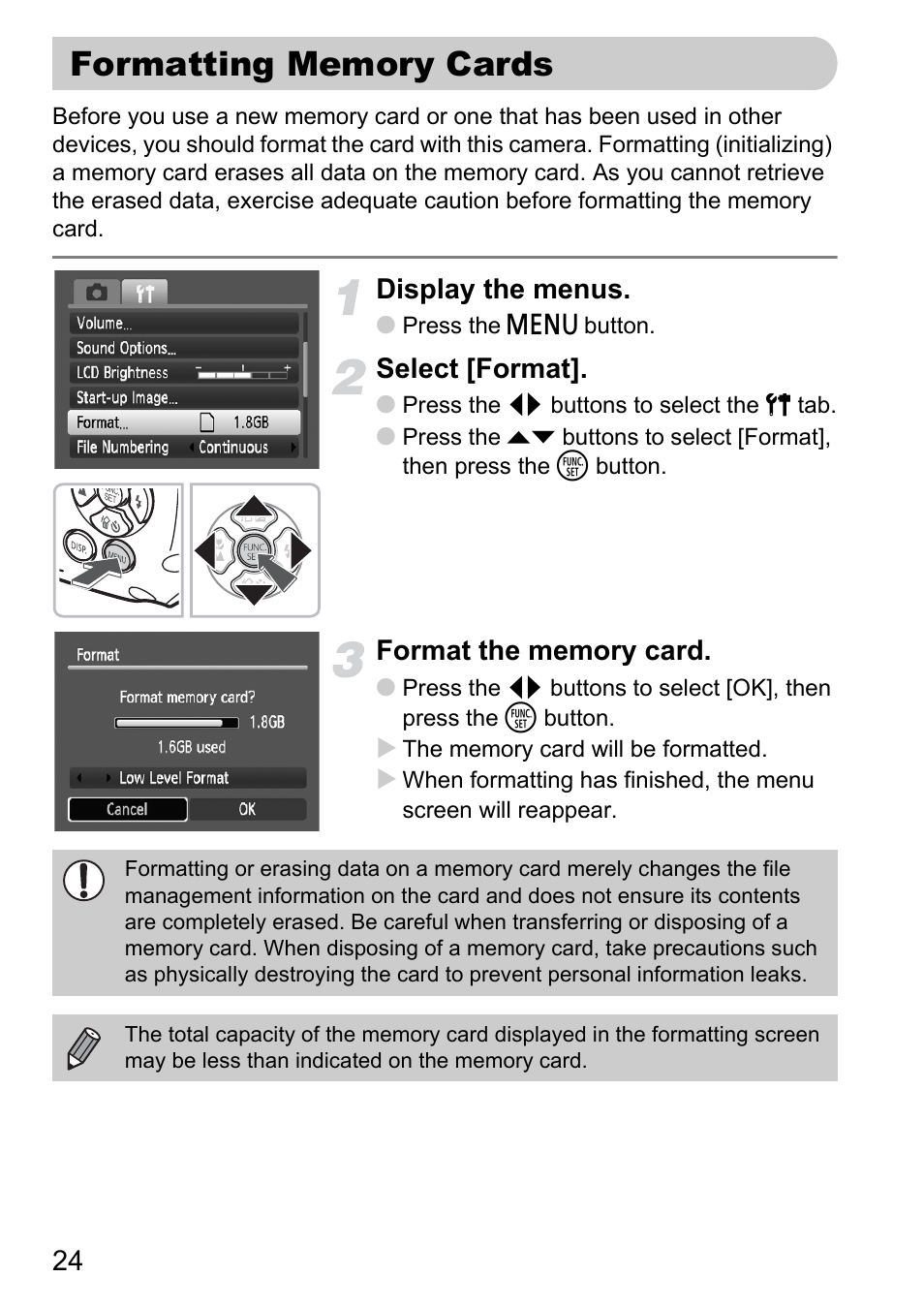 Formatting memory cards, Display the menus, Select [format | Canon D10 User Manual | Page 24 / 163