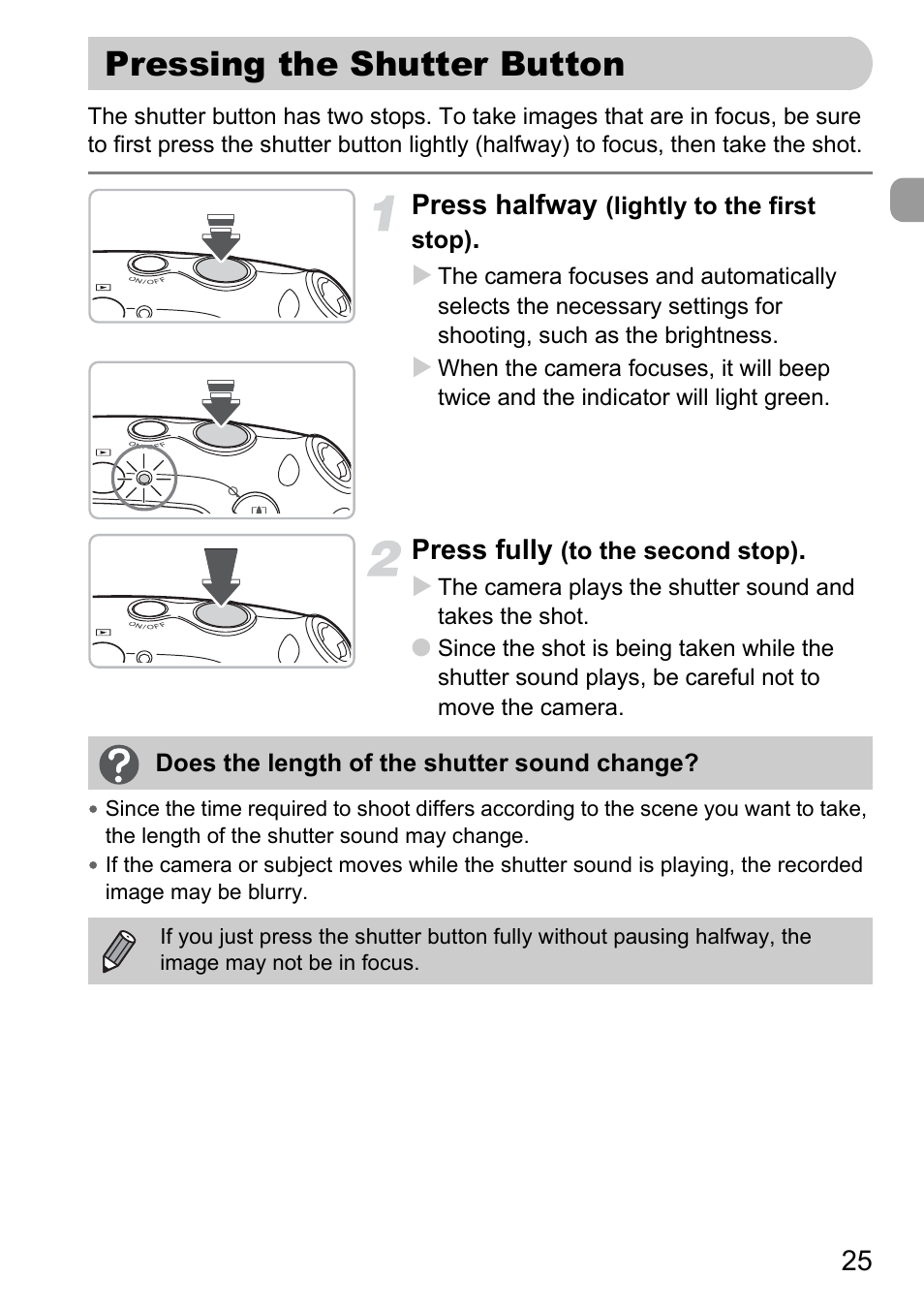 Pressing the shutter button, Press halfway, Press fully | Canon D10 User Manual | Page 25 / 163