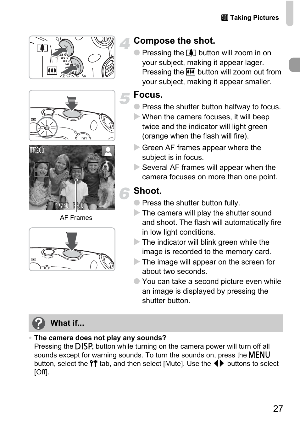 27 compose the shot, Focus, Shoot | Canon D10 User Manual | Page 27 / 163
