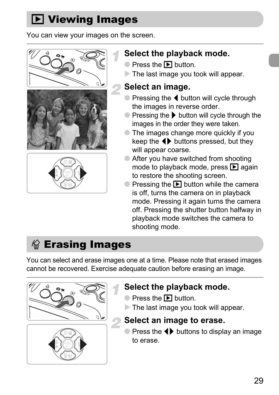 Viewing images, Erasing images, 1 viewing images a erasing images | Select the playback mode, Select an image, Select an image to erase | Canon D10 User Manual | Page 29 / 163