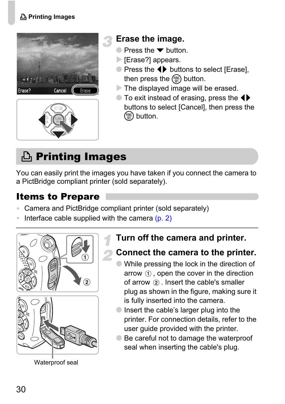 Printing images, C printing images, Items to prepare | 30 erase the image | Canon D10 User Manual | Page 30 / 163