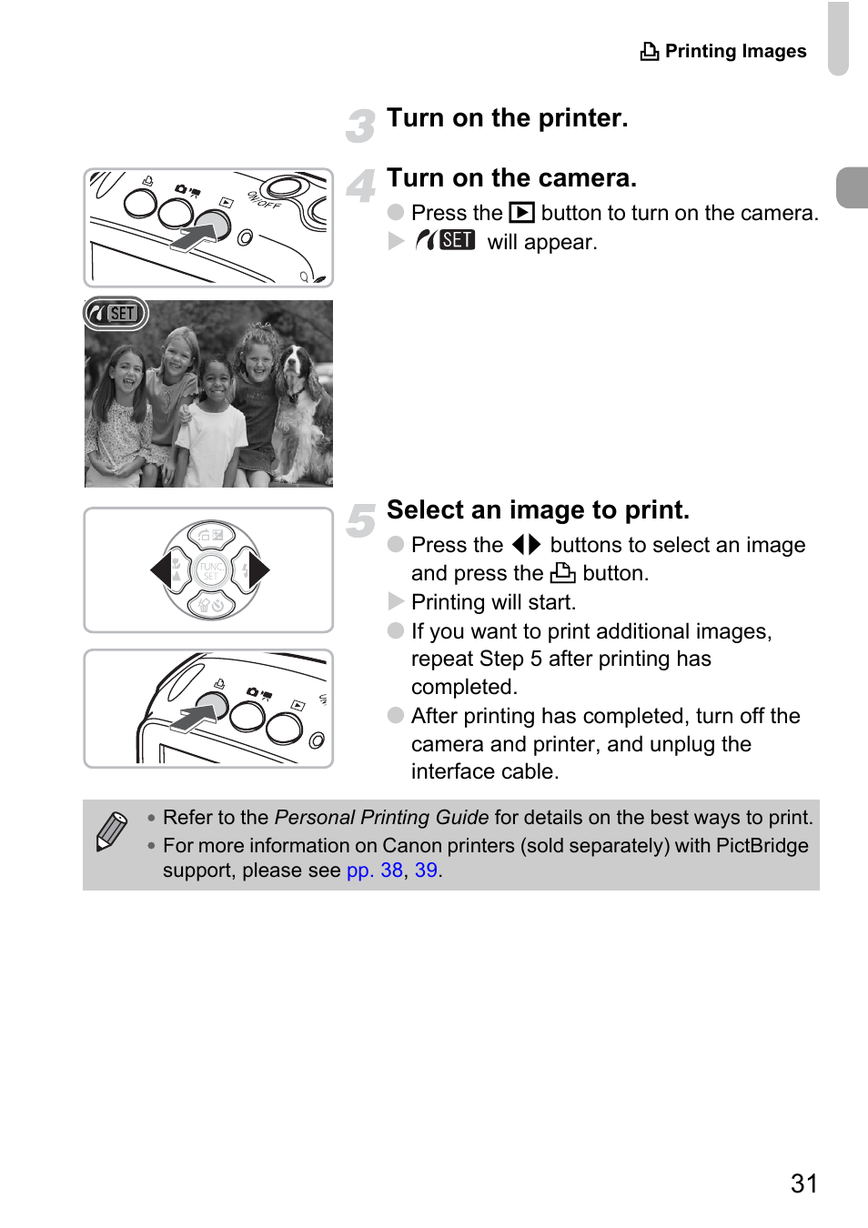 31 turn on the printer. turn on the camera, Select an image to print | Canon D10 User Manual | Page 31 / 163