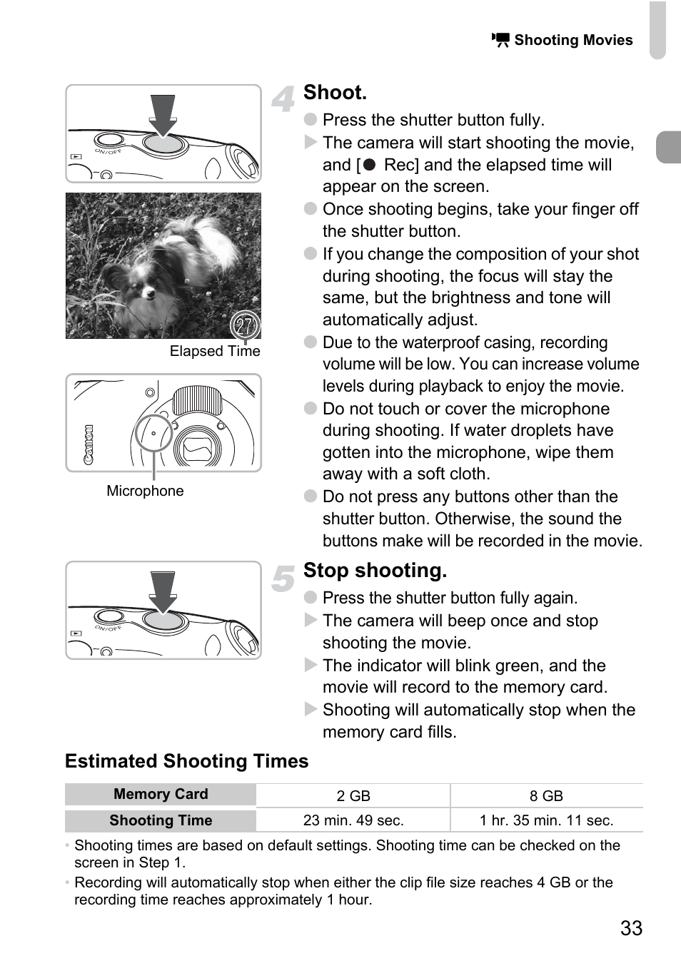 33 shoot, Stop shooting, Estimated shooting times | Canon D10 User Manual | Page 33 / 163