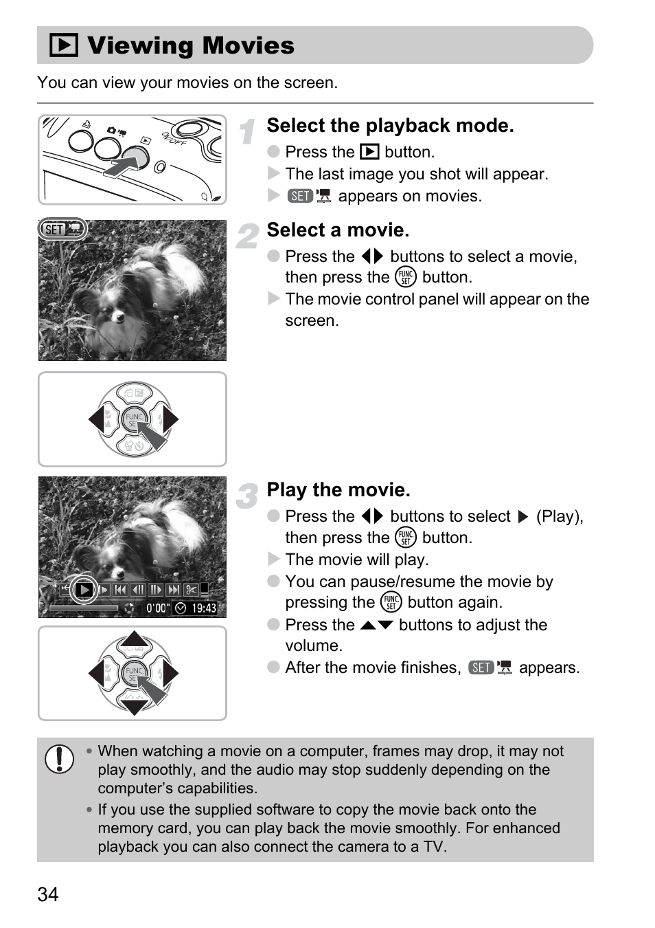 Viewing movies, 1 viewing movies, Select the playback mode | Select a movie, Play the movie | Canon D10 User Manual | Page 34 / 163