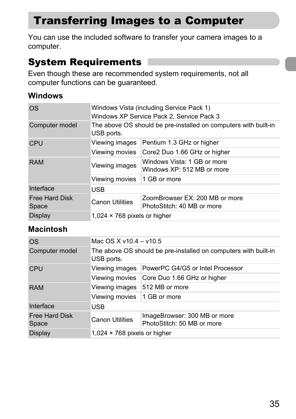 Transferring images to a computer, System requirements | Canon D10 User Manual | Page 35 / 163