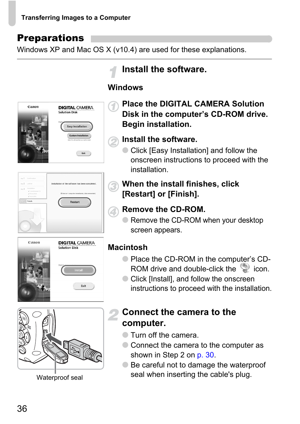 Preparations, Install the software, Connect the camera to the computer | Canon D10 User Manual | Page 36 / 163