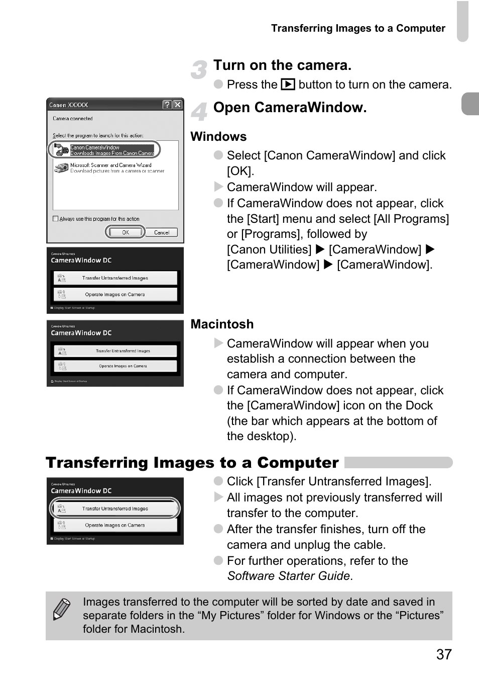 Transferring images to a computer, 37 turn on the camera, Open camerawindow | Canon D10 User Manual | Page 37 / 163