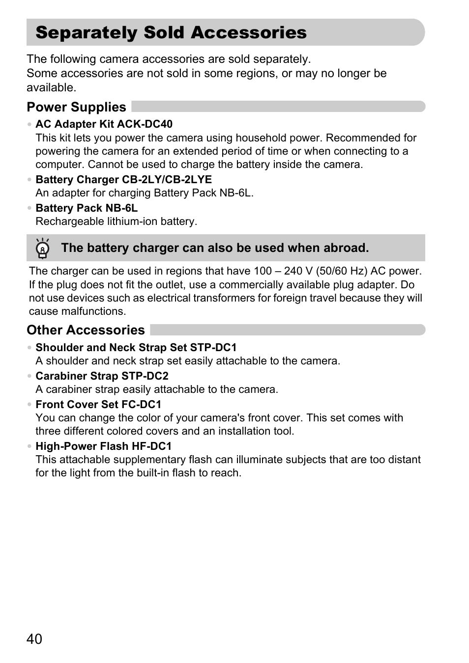 Separately sold accessories, P. 40 | Canon D10 User Manual | Page 40 / 163