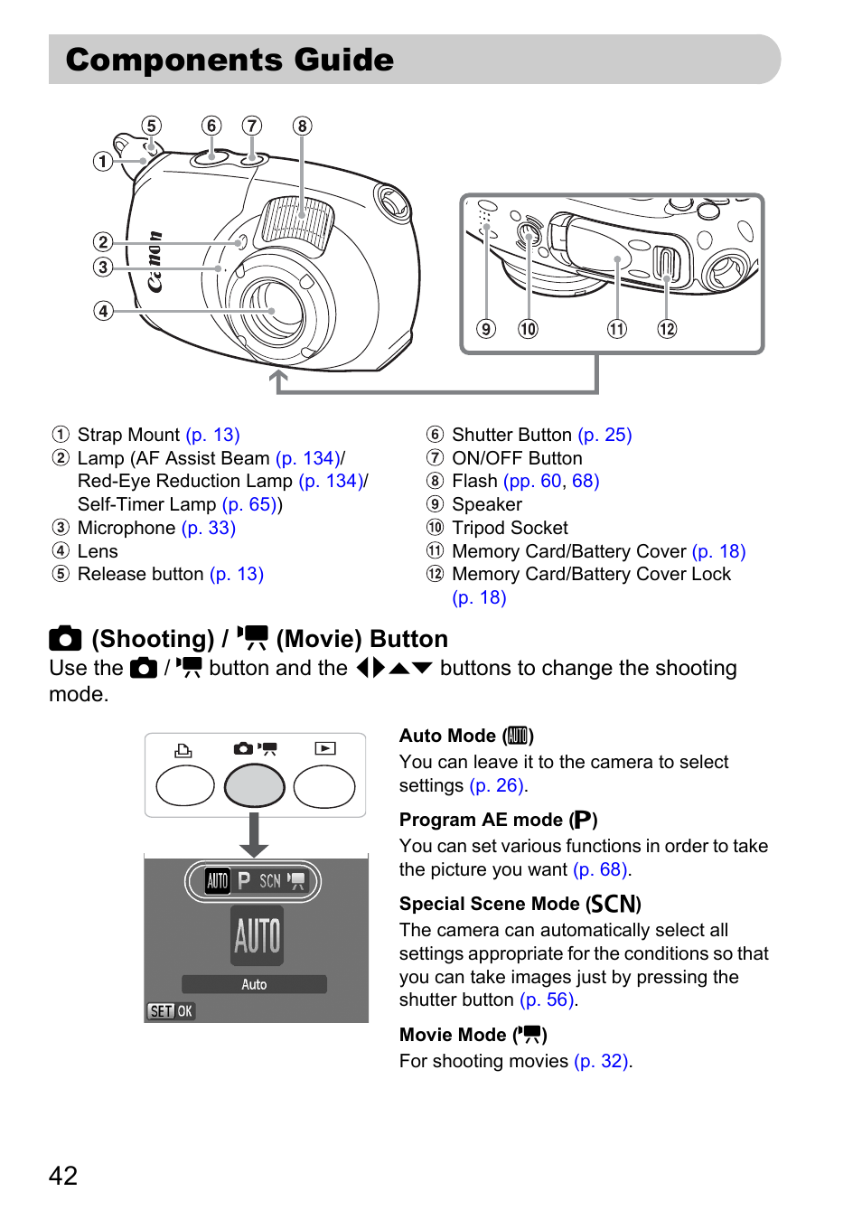 Components guide, Shooting), Movie) button | Canon D10 User Manual | Page 42 / 163