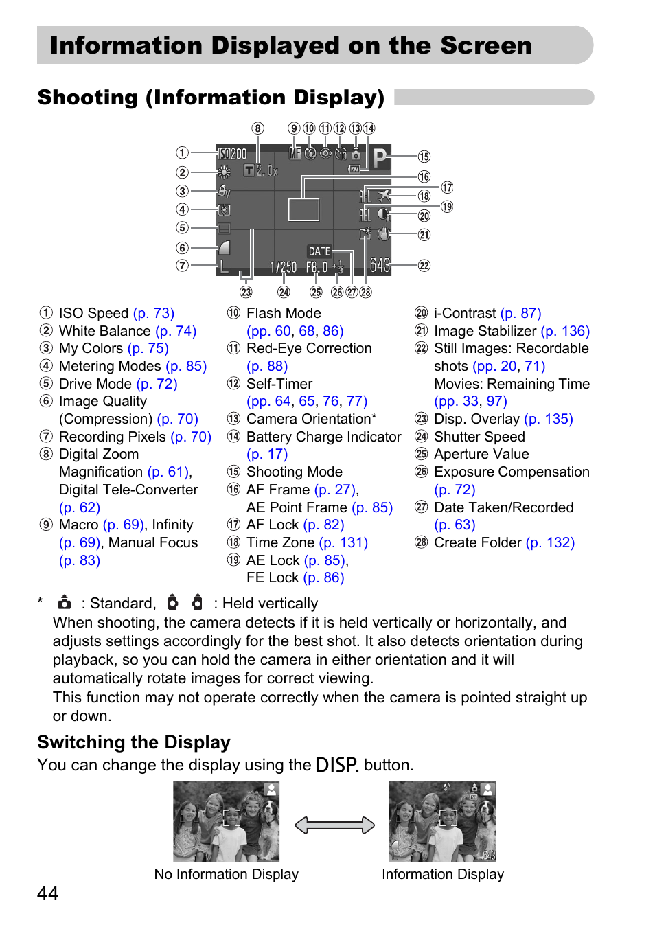 Information displayed on the screen, Information displayed, On the screen | P. 44), Pp. 44, Shooting (information display), Switching the display | Canon D10 User Manual | Page 44 / 163