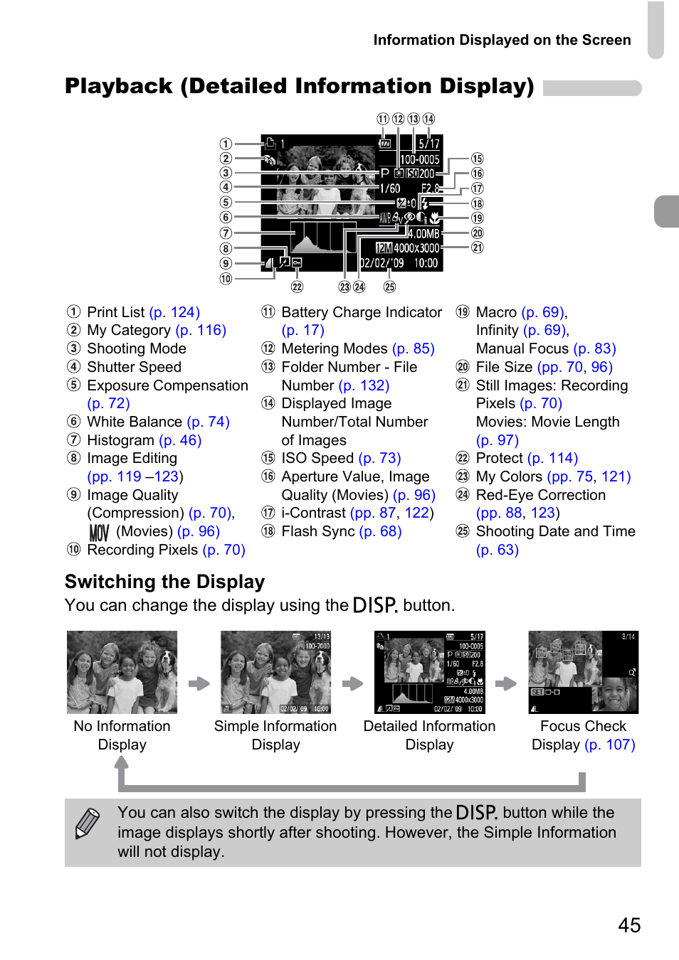 Playback (detailed information display), Switching the display | Canon D10 User Manual | Page 45 / 163