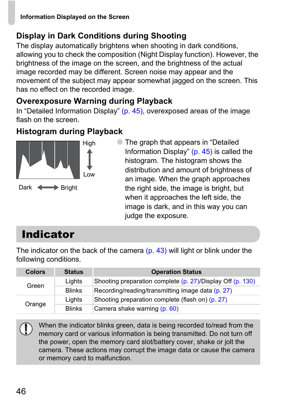 Indicator, P. 46), Histogram | Display in dark conditions during shooting, Overexposure warning during playback, Histogram during playback | Canon D10 User Manual | Page 46 / 163