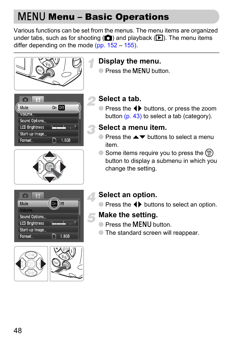 Menu menu - basic operations, N menu – basic operations, P. 48) | Display the menu, Select a tab, Select a menu item, Select an option, Make the setting | Canon D10 User Manual | Page 48 / 163