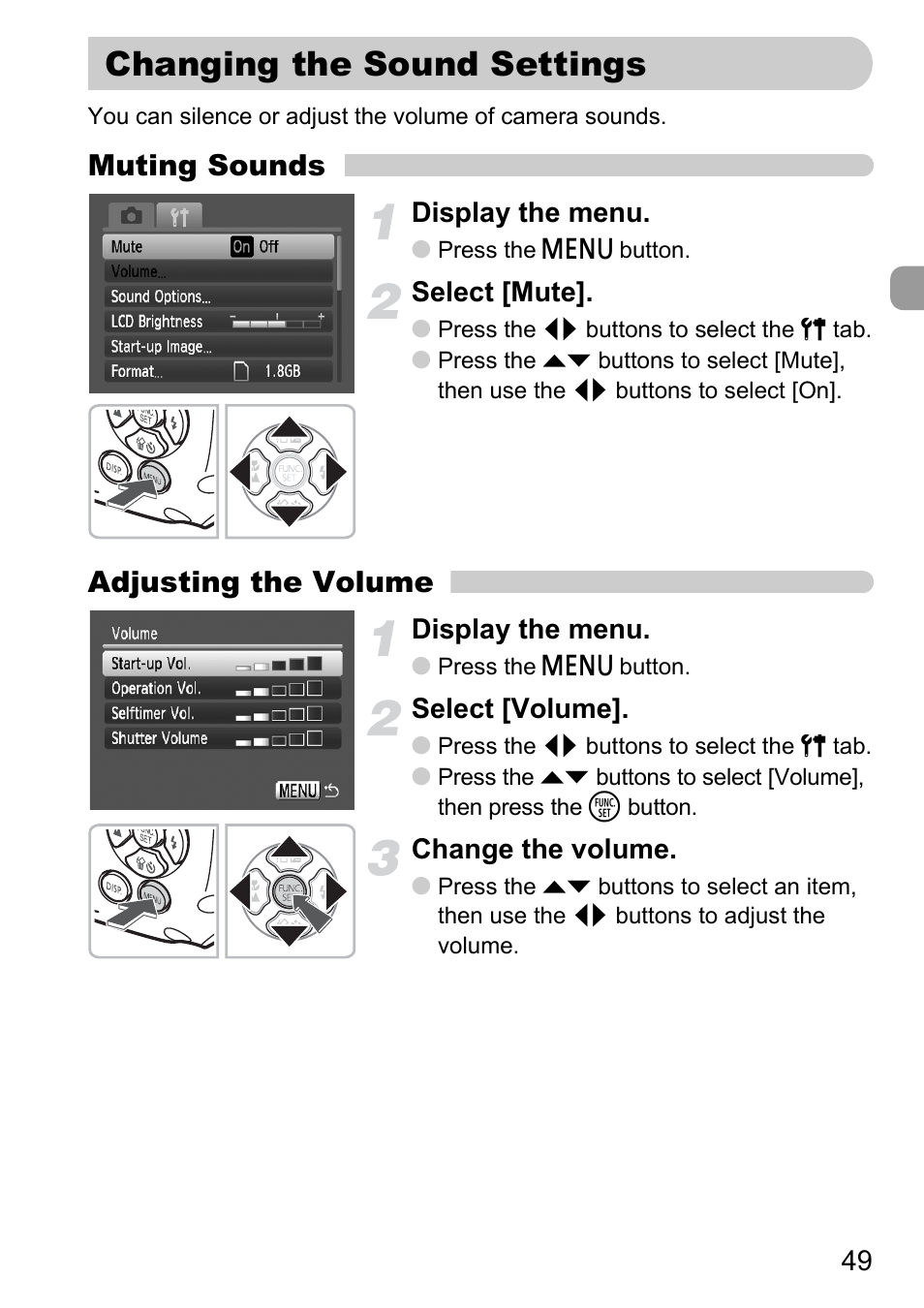 Changing the sound settings, Muting sounds, Adjusting the volume | Canon D10 User Manual | Page 49 / 163