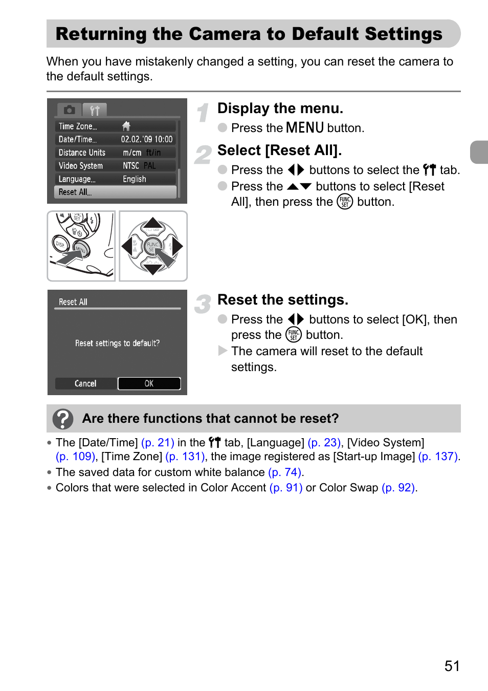 Returning the camera to default settings, Returning the camera to default, Settings | Display the menu, Select [reset all, Reset the settings | Canon D10 User Manual | Page 51 / 163