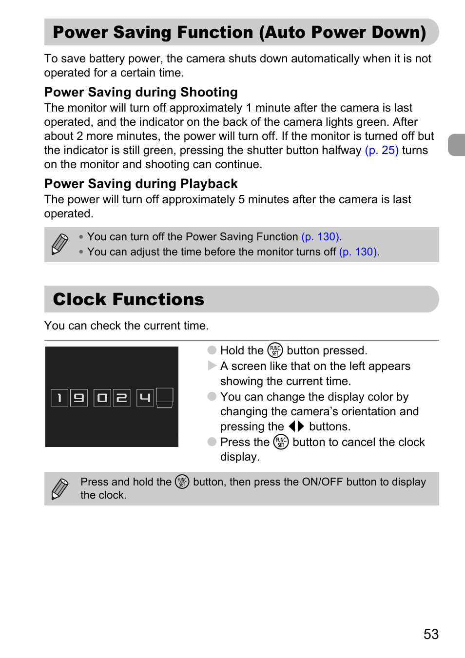 Power saving function (auto power down), Clock functions, Power saving function | Auto power down) | Canon D10 User Manual | Page 53 / 163