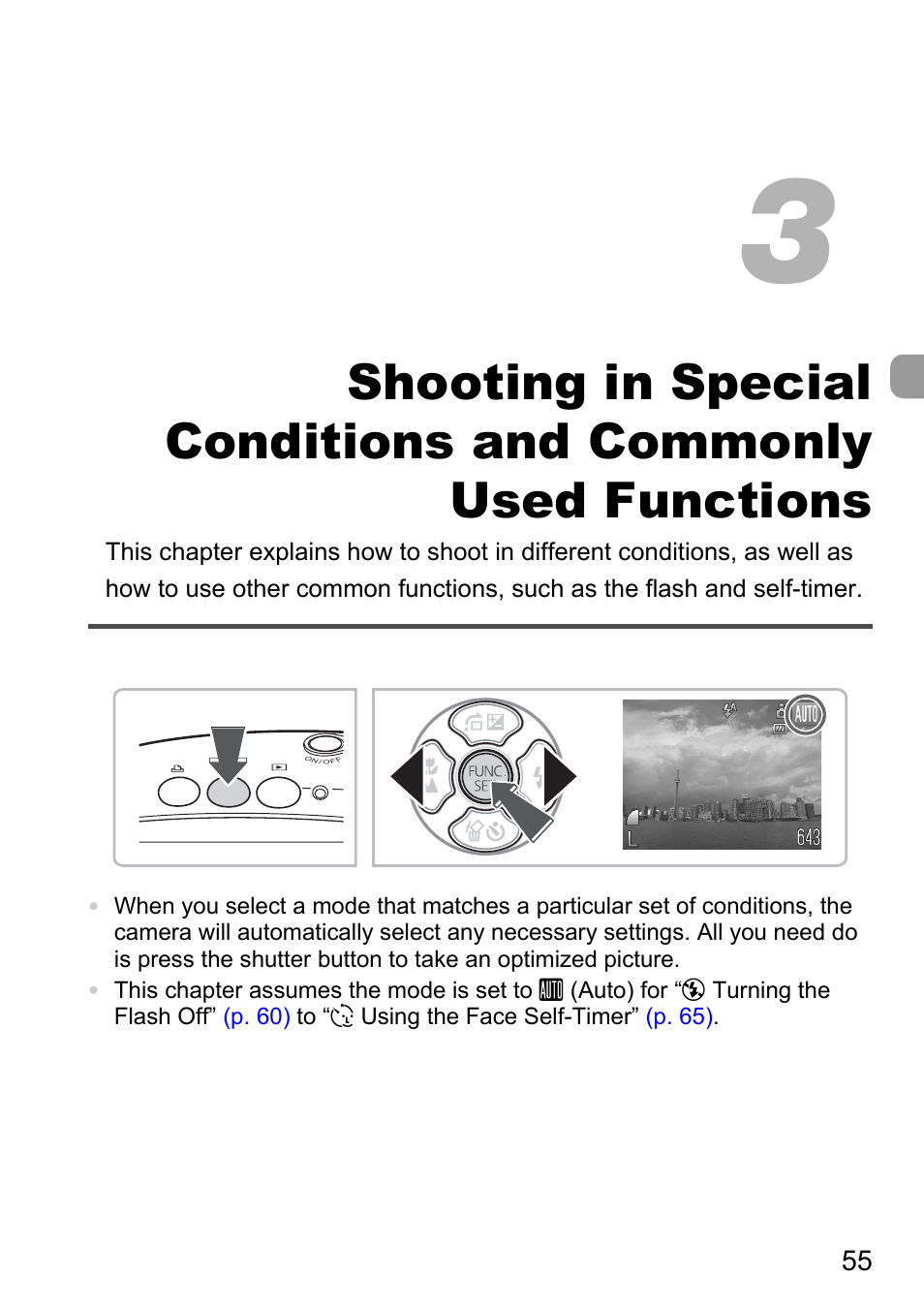 Shooting in special, Conditions and commonly, Used functions | Canon D10 User Manual | Page 55 / 163