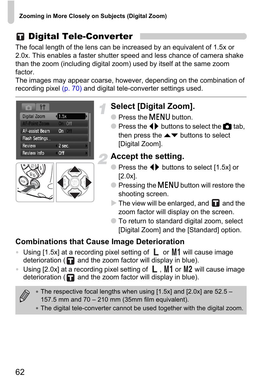 P. 62), Digital tele-converter, Select [digital zoom | Accept the setting | Canon D10 User Manual | Page 62 / 163