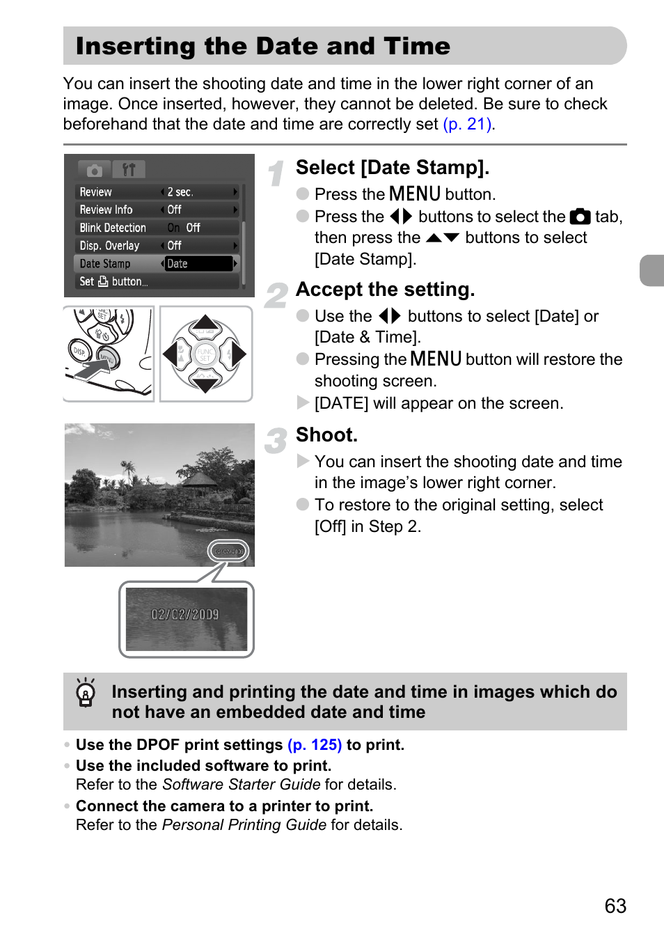 Inserting the date and time, P. 63), Select [date stamp | Accept the setting, Shoot | Canon D10 User Manual | Page 63 / 163