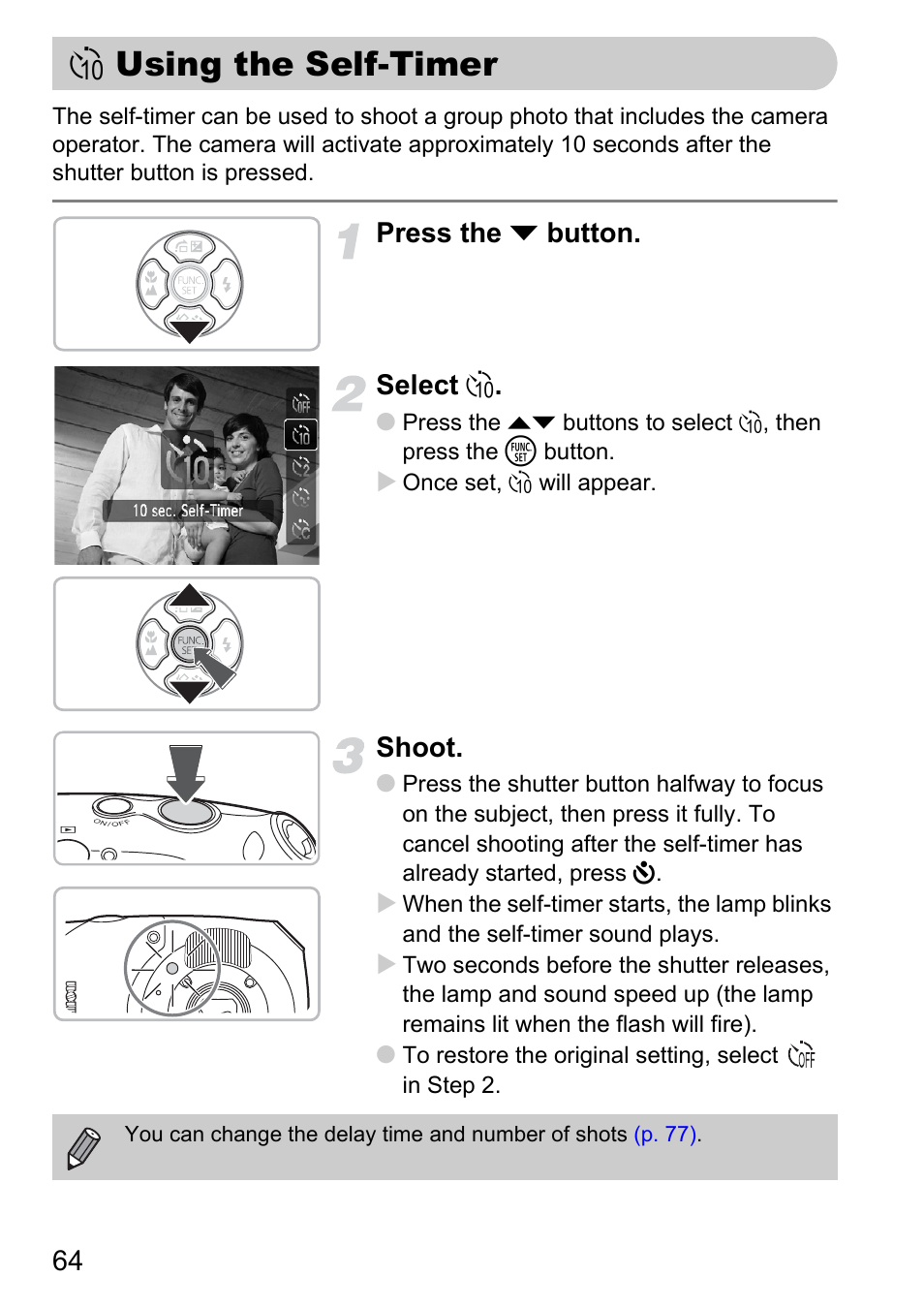 Using the self-timer, Ò using the self-timer, Pp. 64 | Press the p button. select ò, Shoot | Canon D10 User Manual | Page 64 / 163