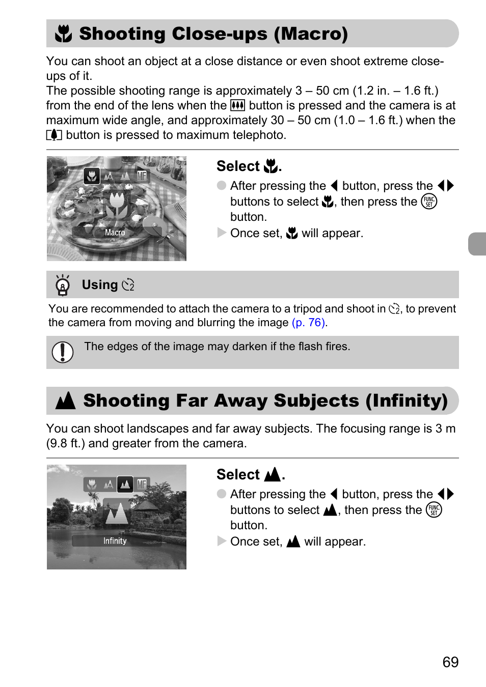 Shooting close-ups (macro), Shooting far away subjects (infinity), Infinity) | Macro), P. 69), Manual, E shooting close-ups (macro), U shooting far away subjects (infinity), Select e, Select u | Canon D10 User Manual | Page 69 / 163