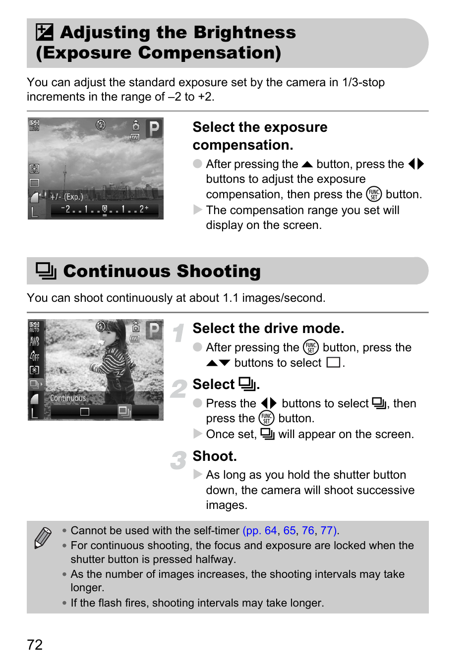 Adjusting the brightness (exposure compensation), Continuous shooting, B adjusting the brightness | Exposure compensation), W continuous shooting, Xposure), P. 72), Select the exposure compensation, Select the drive mode, Select w | Canon D10 User Manual | Page 72 / 163
