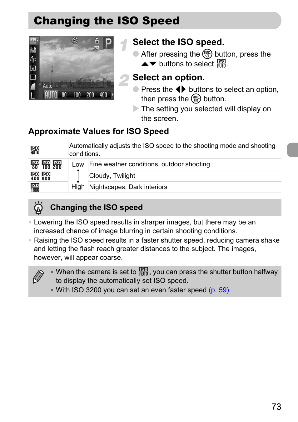 Changing the iso speed, Iso speed, P. 73) | 73 select the iso speed, Select an option | Canon D10 User Manual | Page 73 / 163