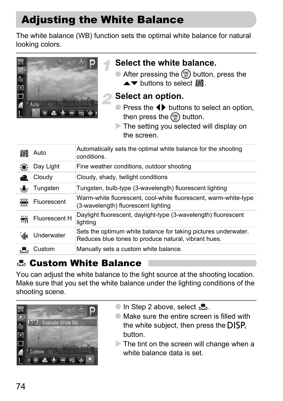 Adjusting the white balance, White balance, P. 74) | Custom white balance, Select the white balance, Select an option | Canon D10 User Manual | Page 74 / 163