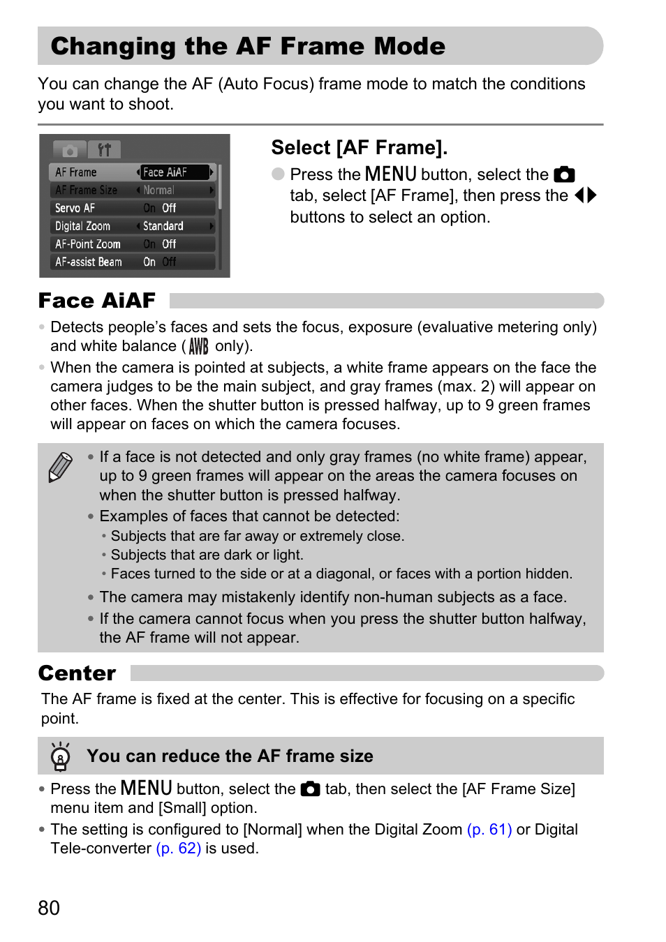 Changing the af frame mode, P. 80), Face aiaf | Center, Select [af frame | Canon D10 User Manual | Page 80 / 163