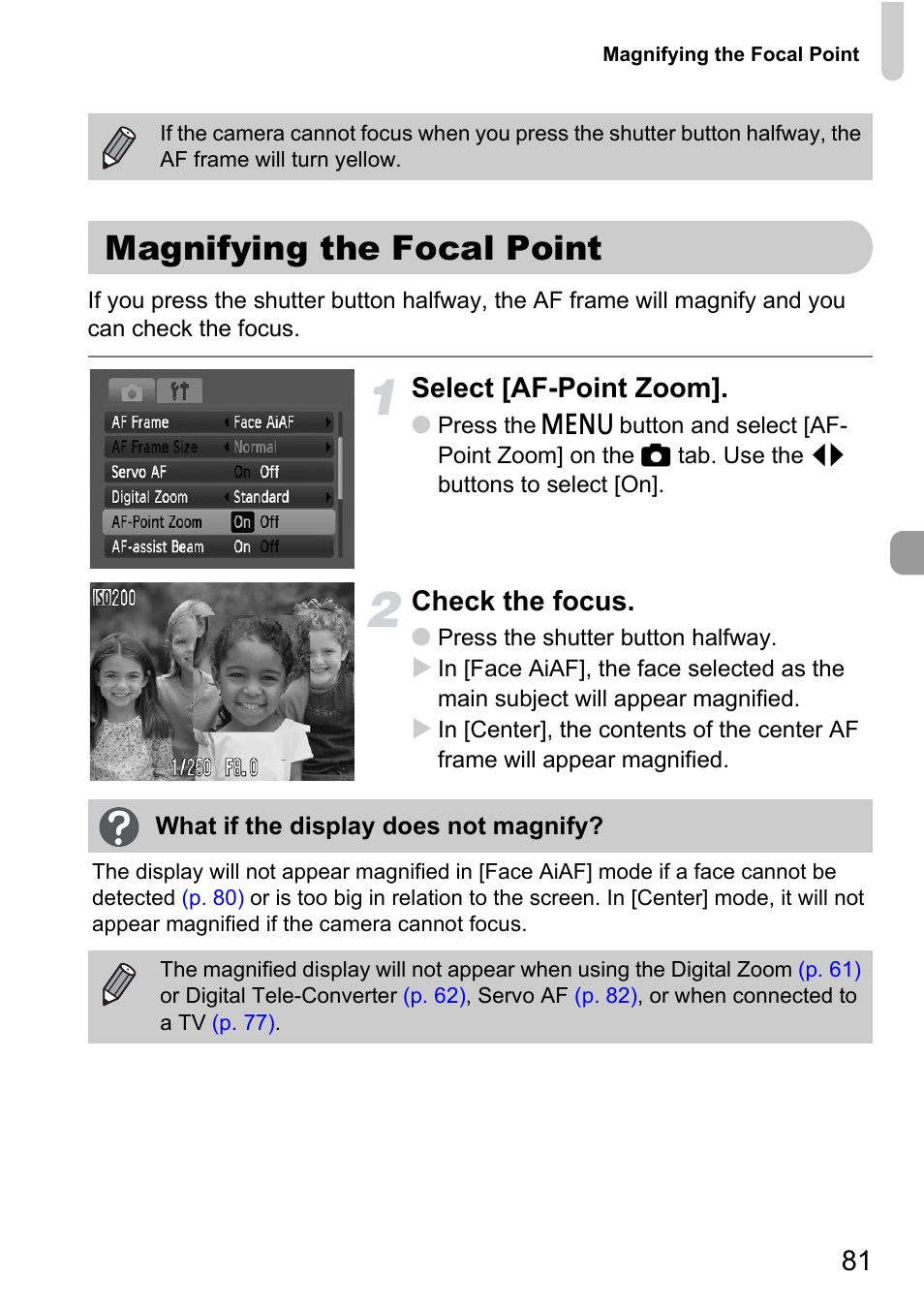 Magnifying the focal point, Select [af-point zoom, Check the focus | Canon D10 User Manual | Page 81 / 163