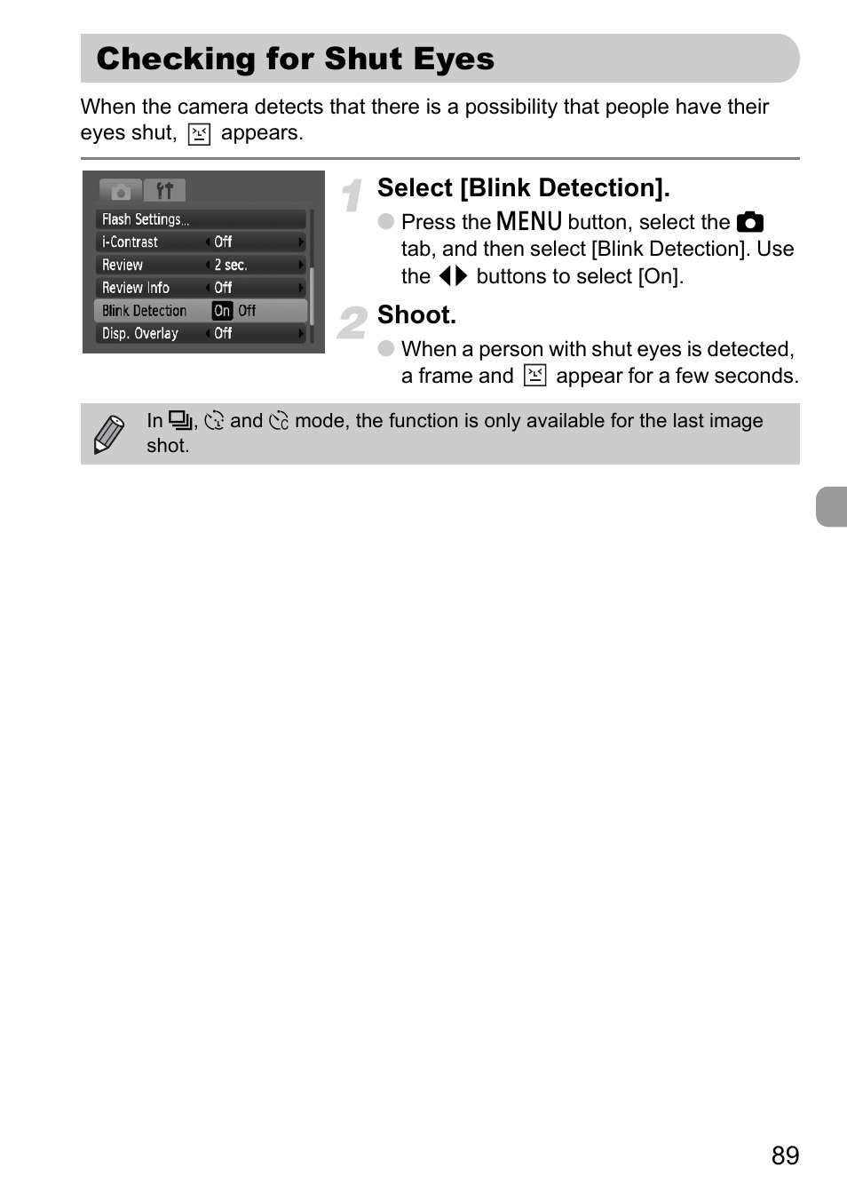 Checking for shut eyes, Select [blink detection, Shoot | Canon D10 User Manual | Page 89 / 163
