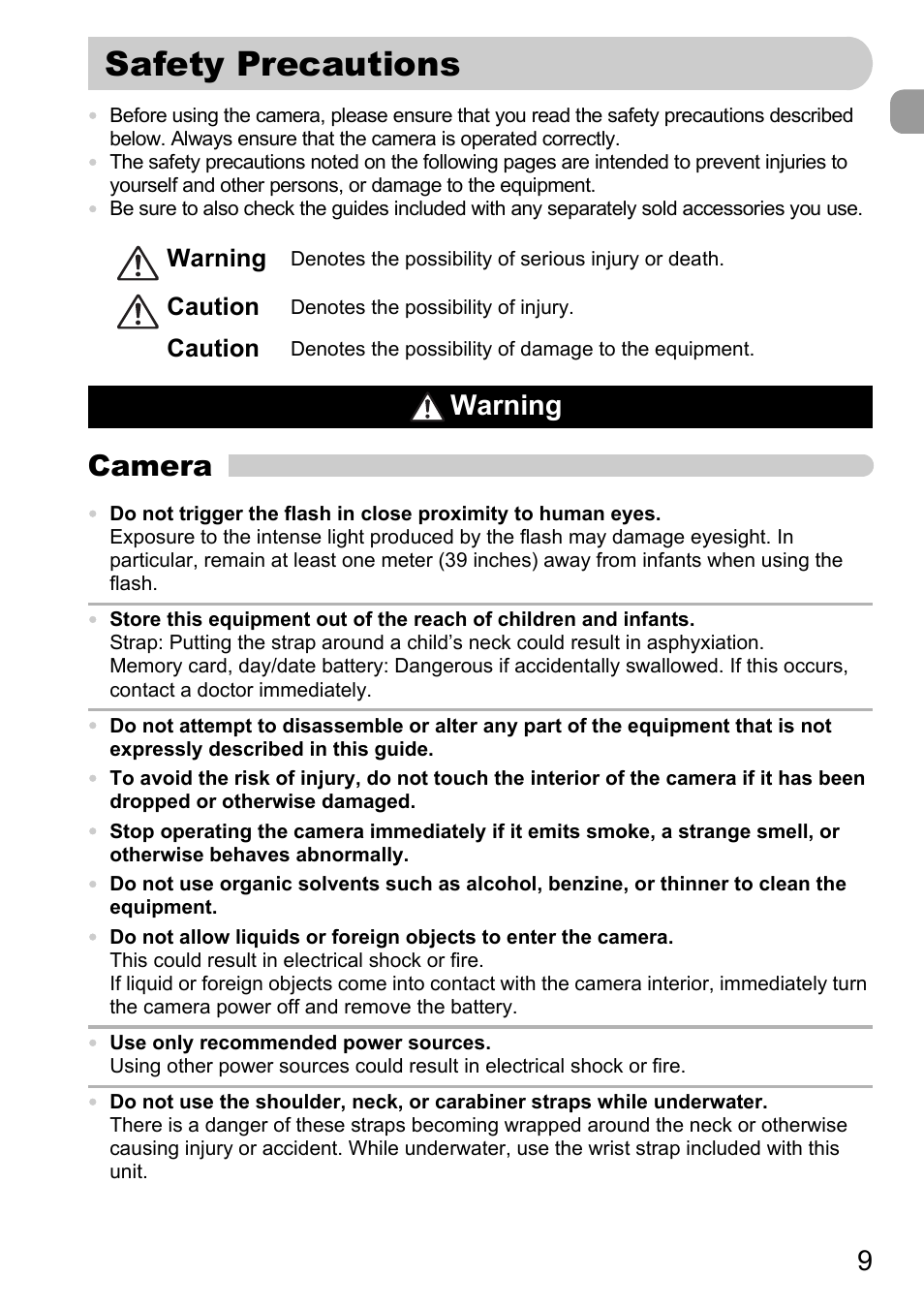Safety precautions, Camera, Warning | Canon D10 User Manual | Page 9 / 163