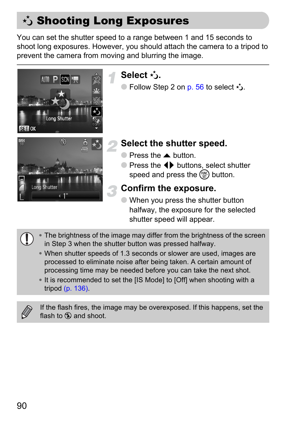 Shooting long exposures, P. 90), Select | Select the shutter speed, Confirm the exposure | Canon D10 User Manual | Page 90 / 163