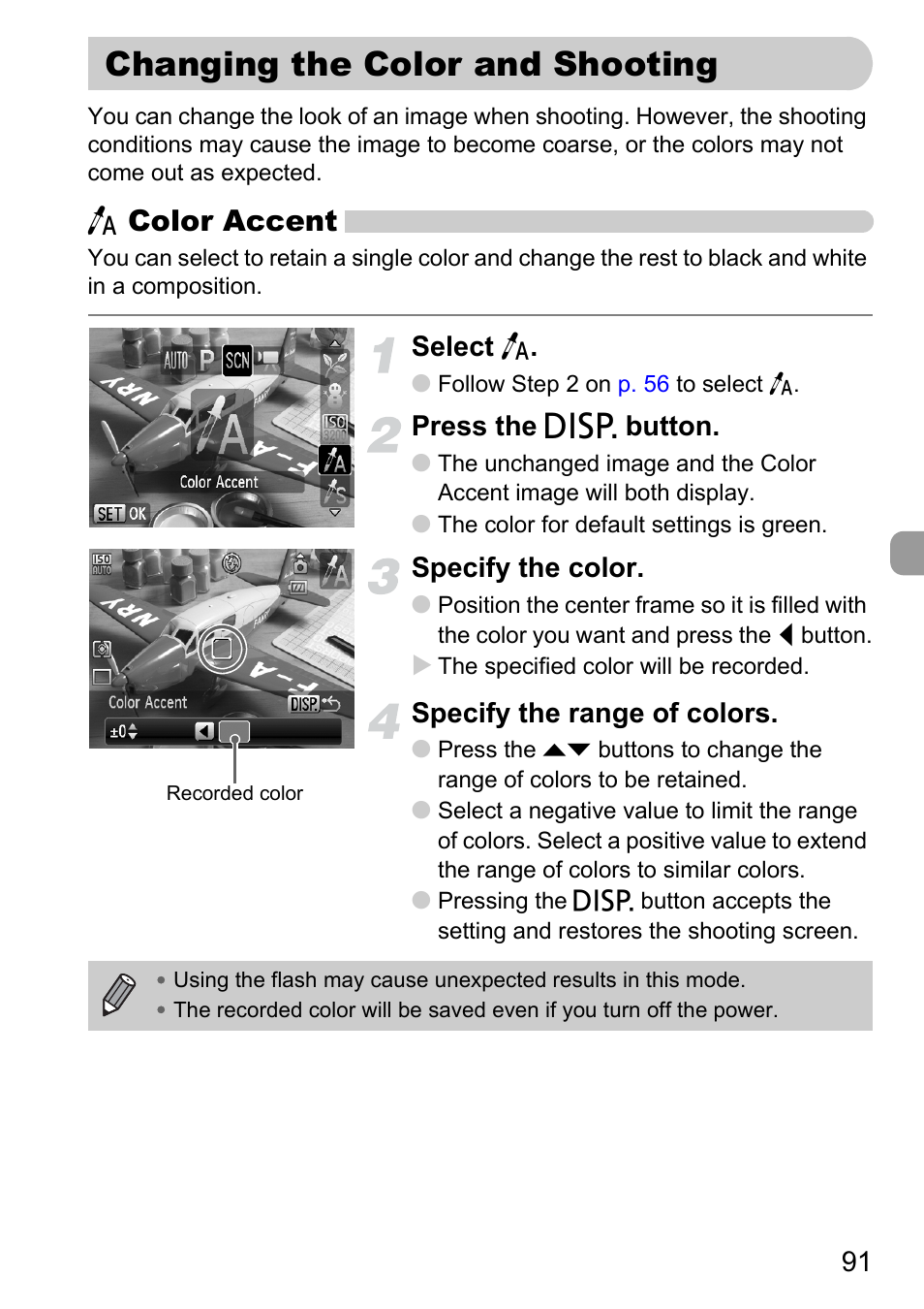 Changing the color and shooting, P. 91), T color accent | Select t, Press the l button, Specify the color, Specify the range of colors | Canon D10 User Manual | Page 91 / 163