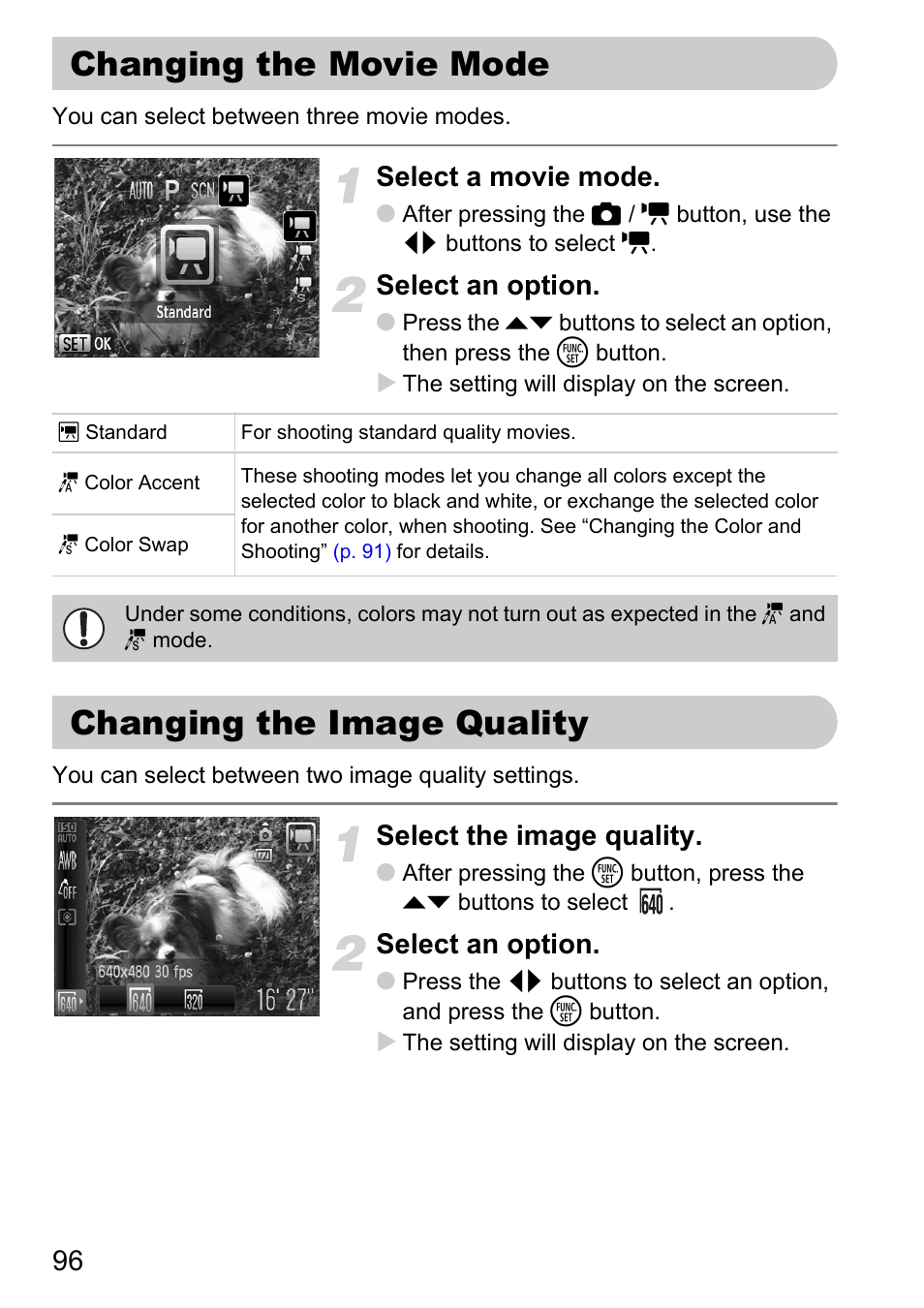 Changing the movie mode, Changing the image quality, Changing the movie mode changing the image quality | Movies), P. 96), Select a movie mode, Select an option, Select the image quality | Canon D10 User Manual | Page 96 / 163