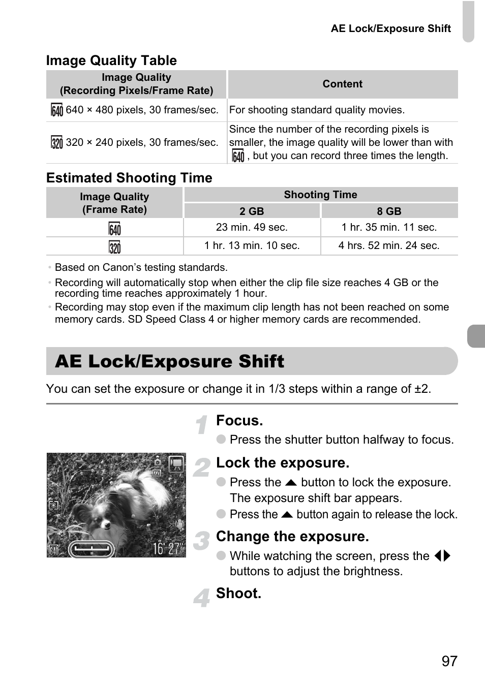 Ae lock/exposure shift, P. 97), Focus | Lock the exposure, Change the exposure, Shoot, Image quality table estimated shooting time | Canon D10 User Manual | Page 97 / 163